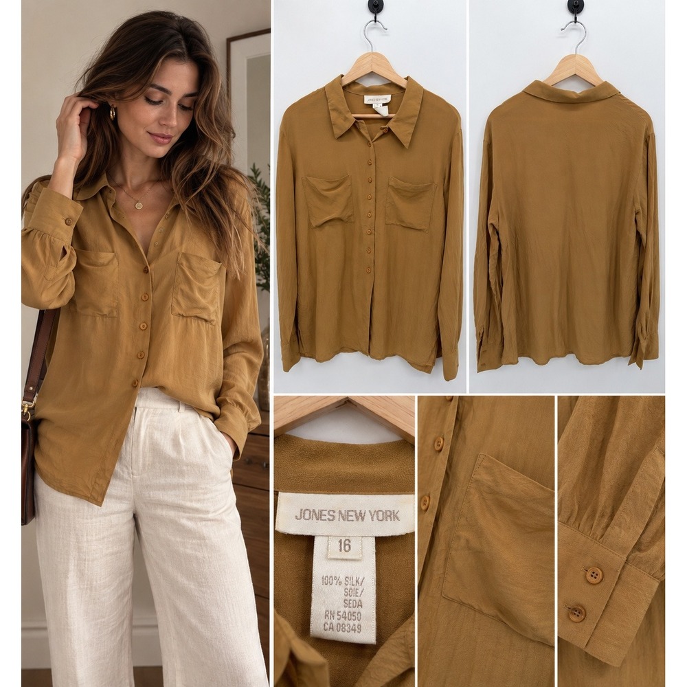 Jones New York Women 16 Silk Button Down Shirt Tobacco Brown Utility Blouse